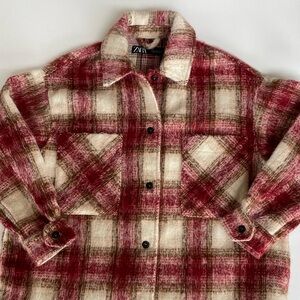 ZARA Red Cream Brown Plaid Button Down Mid-Length Collar Jacket w Pockets Sz M